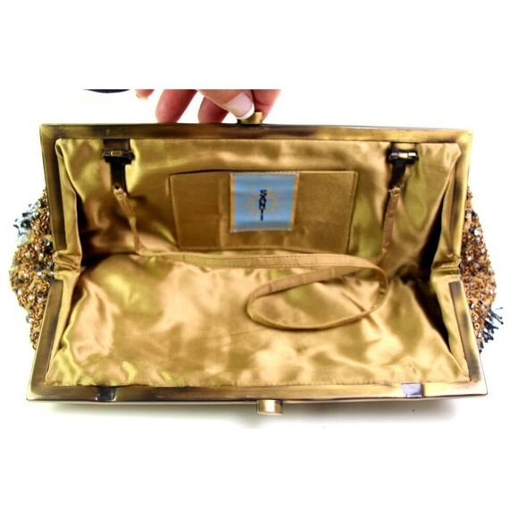 VINTAGE Santi BROWN CANVAS BEADED BEIGE BLUE WHITE FRAME KISS LOCK MEDIUM CLUTCH - Picture 8 of 10